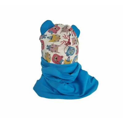 Set caciula cu protectie gat Blue Animals pentru copii 18-36 luni, din bumbac KDECPGB1836BANIM