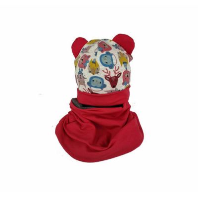 Set caciula cu protectie gat Red Animals pentru copii 18-36 luni, din bumbac KDECPGB1836RANIM