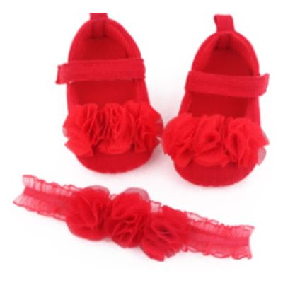 Pantofiori rosii cu floricele din tulle si bentita asortata adym68-3-sa26.3-6 luni (marimea 18 incaltaminte)