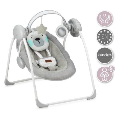 Leagan pentru bebelusi, MoMi LISS Bear, Gri/Turcoaz, 5 viteze de balansare, Cronometru, Alimentare baterii, 8 melodii, 2 jucarii incluse, Centura in 5 puncte KRTBULE00015