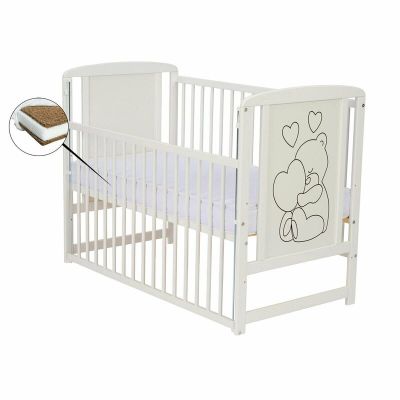 Qmini- Patut din lemn Timmi Heart 120x60 cm, Cu laterala culisanta, Din lemn de pin, MDF, Somiera reglabila, Alb + Saltea 8 cm BYNQMTIMH8CM03AL