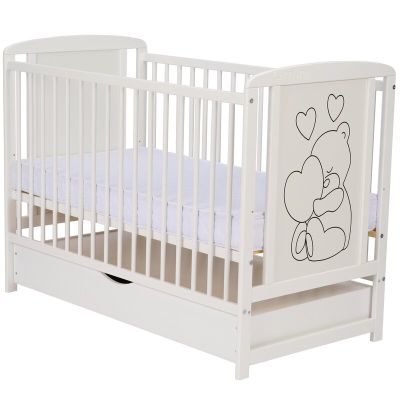 Qmini- Patut din lemn Timmi Heart 120x60 cm, Cu sertar, Din lemn de pin, MDF, Somiera reglabila, Alb BYNQMTIMH02AL