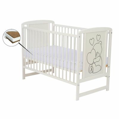 Qmini- Patut din lemn Timmi Heart 120x60 cm, Din lemn de pin, MDF, Somiera reglabila, Alb + Saltea 8 cm BYNQMTIMH8CM01AL