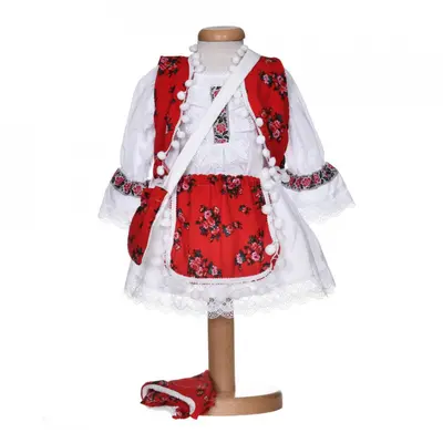 Costum traditional botez pentru fetite, 5 piese, broderie rosie, Denikos&reg; 1026 NIK5561