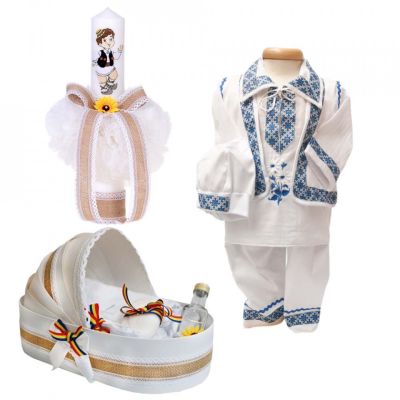 Set botez national trusou botez in landou cu lumanare si costum popular Baietel Denikos® 964 NIK5393