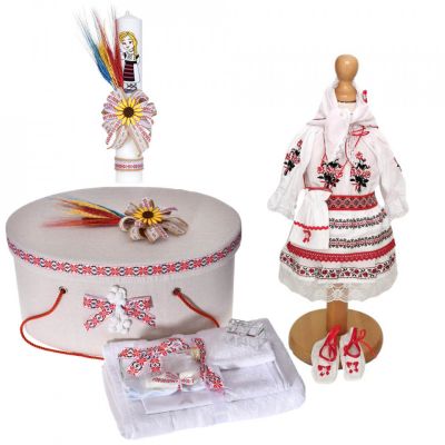 Pachet costum rochita traditionala Fata cu trusou botez si cutie trusou Denikos® C9102 cu lumanare decor rustic  NIK5475