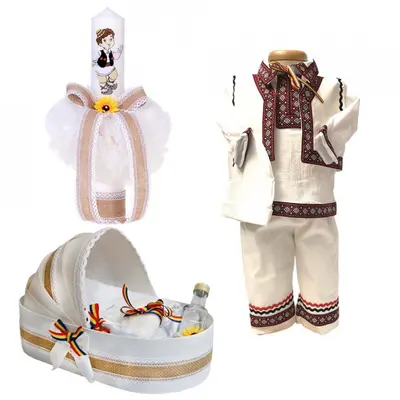Set popular trusou botez landou cu lumanare si costum national pentru Baieti Denikos&reg; 966 NIK5395