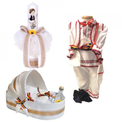 Set costum national baiat cu trusou botez landou si lumanare botez Denikos® 970 NIK5399
