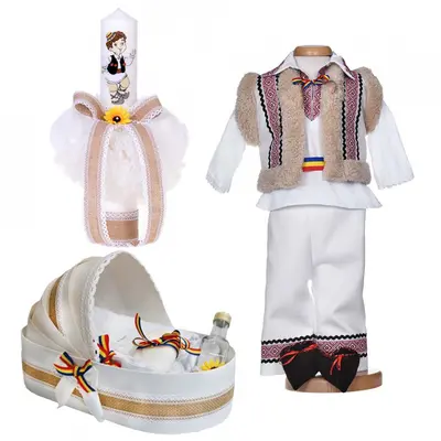 Set traditional baietel cu trusou botez landou si lumanare si costum national Denikos&reg; 1047 NIK5507