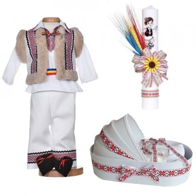 Pachet traditional baieti cu trusou botez landou cu lumanare botez si costum popular Denikos® C9269 NIK5519