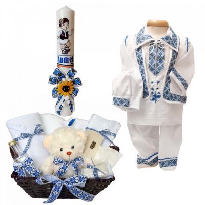 Set botez traditional  trusou botez cu lumanare personalizata si costum popular baiat Denikos® 740 NIK5169
