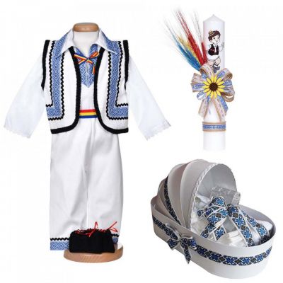Set botez traditional trusou botez landou si lumanare cu costum national Baietel Denikos® C9292 NIK5542