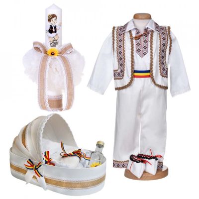 Set botez traditional baietel lumanare si trusou botez landou si costum popular Denikos® 1042 NIK5539