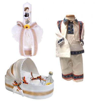 Set traditional trusou botez in landou cu lumanare si costum popular baieti Denikos® 963 NIK5392