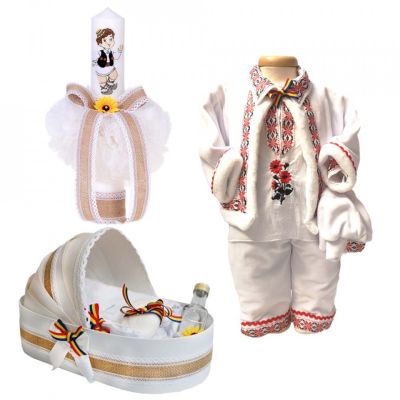 Set traditional Baietei trusou botez landou cu lumanare si costum popular Denikos® 968 NIK5397