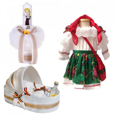 Set botez traditional fetite trusou botez landou cu lumanare si costum popular Denikos® 972 NIK5401