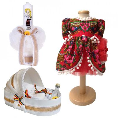 Pachet traditional trusou de botez in landou cu lumanare si costum popular Fetita Denikos® 974 NIK5403
