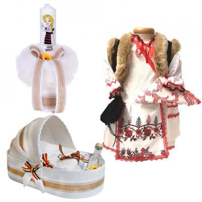 Set lumanare de botez cu trusou botez model landou si costum traditional pentru Fetita Denikos® 975 NIK5404