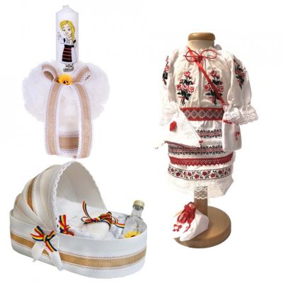 Pachet cu trusou botez landou traditional cu lumanare si costum traditional Fetita Denikos® 976 NIK5405
