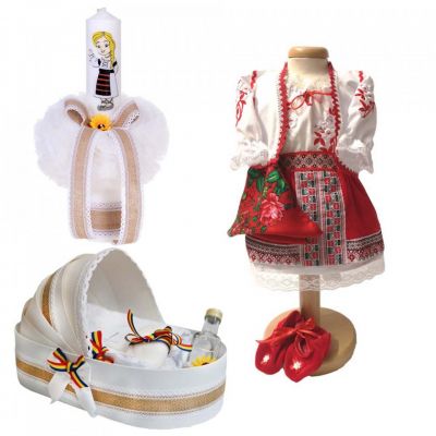 Pachet trusou botez model landou si lumanare cu costum traditional pentru fetita Denikos® 979 NIK5408