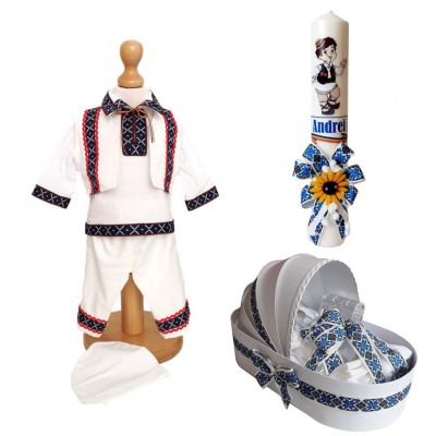 Pachet costum botez Baiat trusou si lumanare personalizata cu decor traditional Denikos® C9001 NIK5439