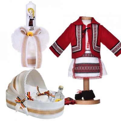 Set costum national cu lumanare botez si trusou botez landou Fetite cu decor traditional Denikos® 1058 NIK5515