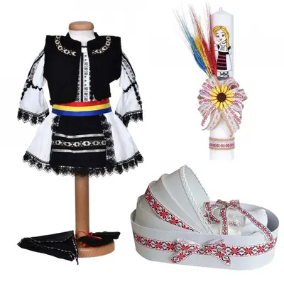 Set costum national fete lumanare botez si trusou botez landou cu decor traditional Denikos&reg; C9284 NIK5534