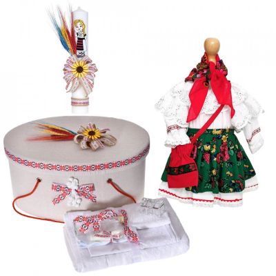 Trusou de botez si costum national rochita Fete cu cutie trusou si lumanare botez decor rustic Denikos C9100- NIK5473