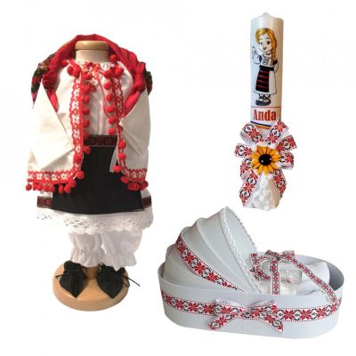 Pachet  rochita populara Fata cu lumanare personalizata si trusou botez decor traditional Denikos C9022- NIK5460