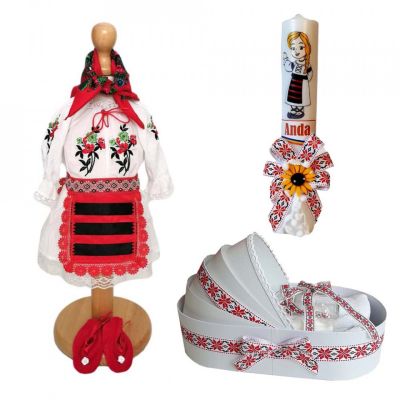 Costum popular rochita cu trusou si lumanare personalizata pentru botez Fete si decor traditional Denikos C9016 - NIK5454