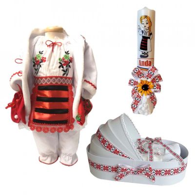 Pachet costum popular rochita traditionala fete cu trusou si lumanare personalizata si decor national Denikos® C9020 NIK5458