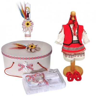 Set costum rochita nationala cu trusou botez si cutie trusou cu lumanare Fete, decor traditional Denikos® C9104 NIK5477