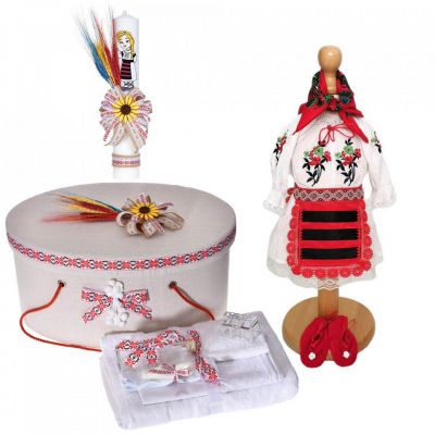 Set costum rochita traditionala fetita cu trusou botez si cutie trusou Denikos® C9103 si lumanare decor national  NIK5476