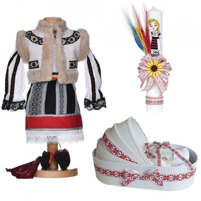 Set costum traditional Fetite trusou botez landou cu lumanare si decor national Denikos® C9274 NIK5524