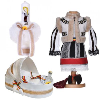 Set costum traditional fete si trusou botez landou cu lumanare in decor national Denikos® 1052 NIK5512