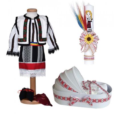 Costum traditional fetita plus trusou botez landou si lumanare cu decor national Denikos® C9283 NIK5533