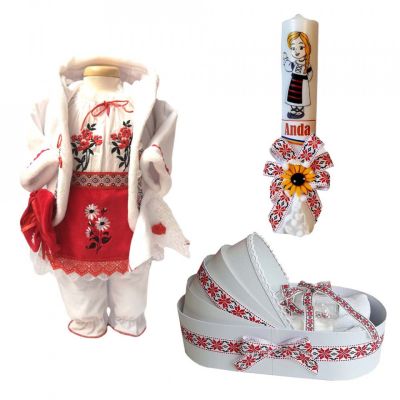 Set costum traditional rochita cu lumanare personalizata si trusou botez decor national Fata Denikos® C9021 NIK5459