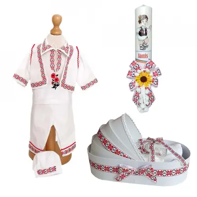 Set costumas popular Baieti si trusou botez cu lumanare personalizata in decor traditional Denikos&reg; C9005 NIK5443