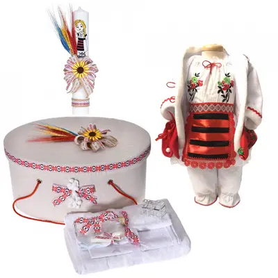 Set costumas rochita populara pentru Fetita si trusou botez cu cutie si lumanare in decor traditional Denikos&reg; C9108 NIK5481