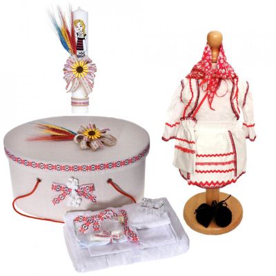 Pachet rochita traditionala Fetite si trusou botez cu cutie trusou si lumanare botez decor rustic Denikos C9106 - NIK5479