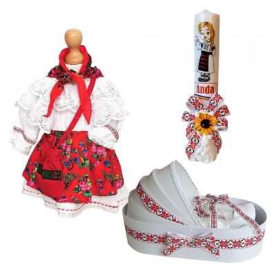 Pachet rochita traditionala Fete si trusou botez cu lumanare personalizata si decor traditional Denikos® C9010 NIK5448