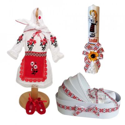 Set rochita traditionala Fata si trusou cu lumanare personalizata botez si decor motive traditionale Denikos® C9013 NIK5451