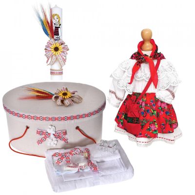 Set rochita botez traditionala fetite si trusou botez cu cutie trusou si lumanare in decor rustic Denikos C9098 - NIK5471