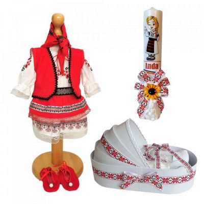 Pachet trusou botez tranditional cu rochita populara Fete si lumanare personalizata Denikos C9015 - NIK5453