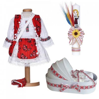 Set rochita populara si trusou botez landou cu lumanare pentru Fete, decor traditional Denikos® C9275 NIK5525