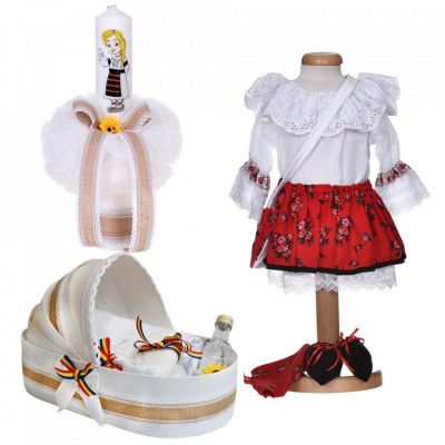 Set rochita traditionala fata cu trusou botez landou si lumanare decor traditional Denikos 1050 - NIK5510