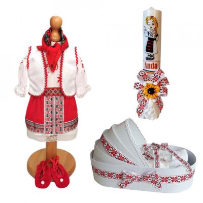 Set rochita traditionala fetita cu trusou si lumanare personalizata in decor popular Denikos C9017- NIK5455