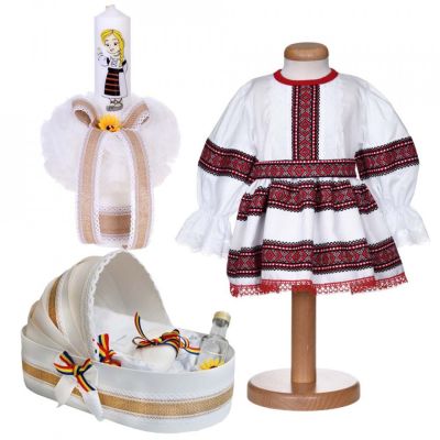 Rochita traditionala Fata plus lumanare botez si trusou botez landou cu decor national Denikos® 1061 NIK5531