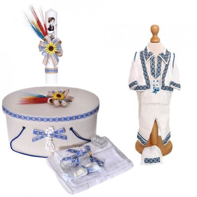 Set trusou botez Baieti cu cutie trusou si lumanare Denikos® C9090 si costum popular  NIK5463