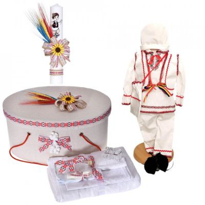 Set traditional trusou botez cu cutie trusou si lumanare si costum popular baieti Denikos® C9096 NIK5469